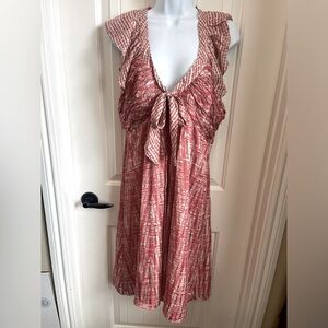 BCBGMaxAzria Rust and Cream Printed Midi Dress with Tie Front